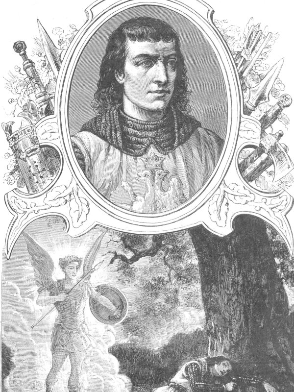 Na górze rysunku przedstawiony jest owalny portret młodego księcia z długimi czarnymi włosami.  Na dole - śpiący pod drzewem mężczyzna i stojącyn nad nim anioł.   