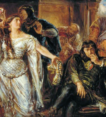 Obraz przedstawia stojącą, wzburzoną Gryfinę z ręką oskarżycielsko wskazującą na Leszka, który siedzi zasmucony na krześle.  Na drugim planie kilka dyskutujących postaci.