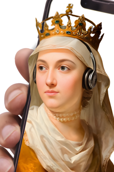 Królowa Jadwiga i Fryderyk Chopin ze słuchawkami na głowie. Słuchają podcastów. 