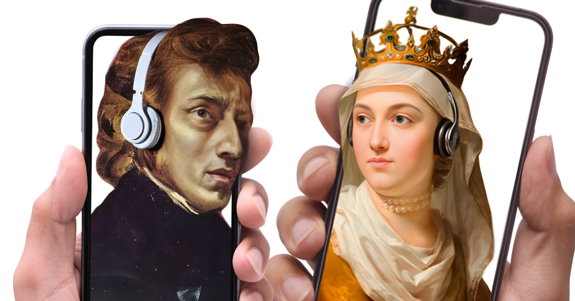 Królowa Jadwiga i Fryderyk Chopin ze słuchawkami na głowie. Słuchają podcastów. 