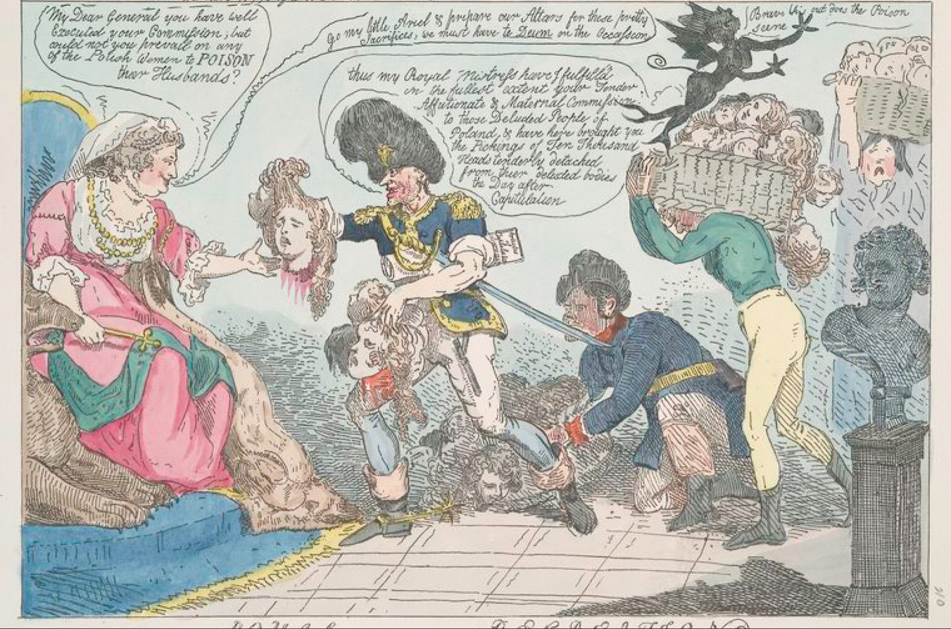 Kolorowy rysunek z komiksowymi dymkami z wypowiedziami postaci. Żołnierz w kozackiej czapce podaje siedzącej na tronie cesarzowej ucięte głowy, a tle trzy inne osoby niosą kosze pełne uciętych głów.