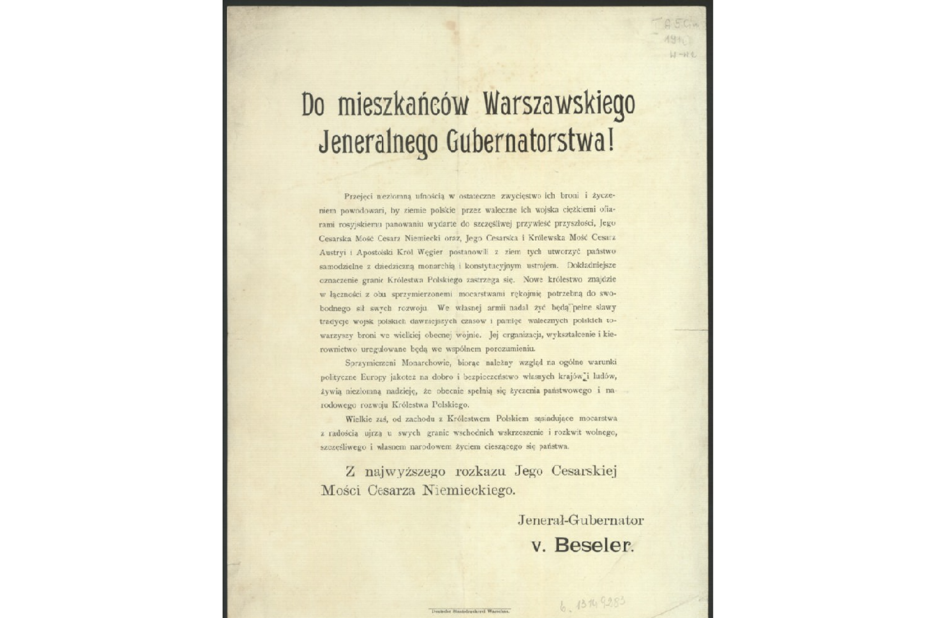 Drukowana odezwa na pożółkłej kartce papieru.