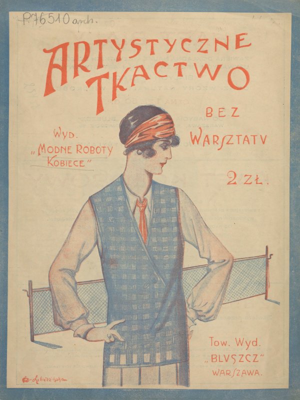 Kolorowa okładka czasopisma z rysunkiem modnie ubranej młodej kobiety.   