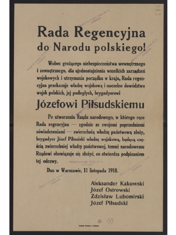 Odezwa na jednej stronie pożółkłego papieru.