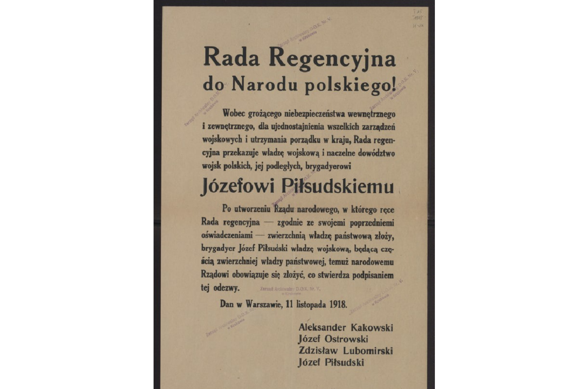 Odezwa na jednej stronie pożółkłego papieru.