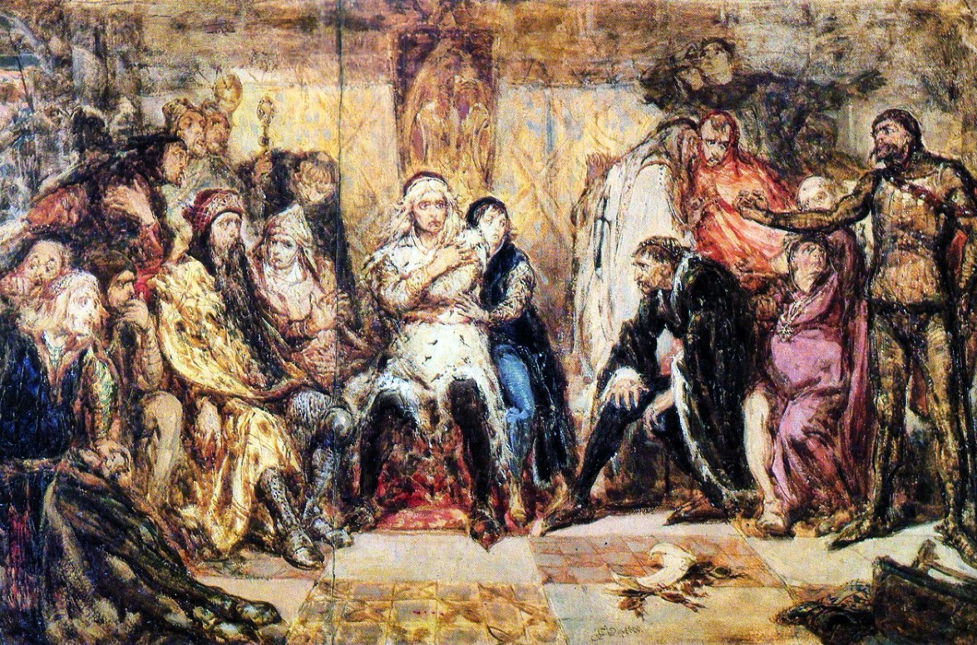 Zgromadzenie różnych osób wokół siedzącego w środku młodzieńca z bardzo jasnymi, długimi włosami.