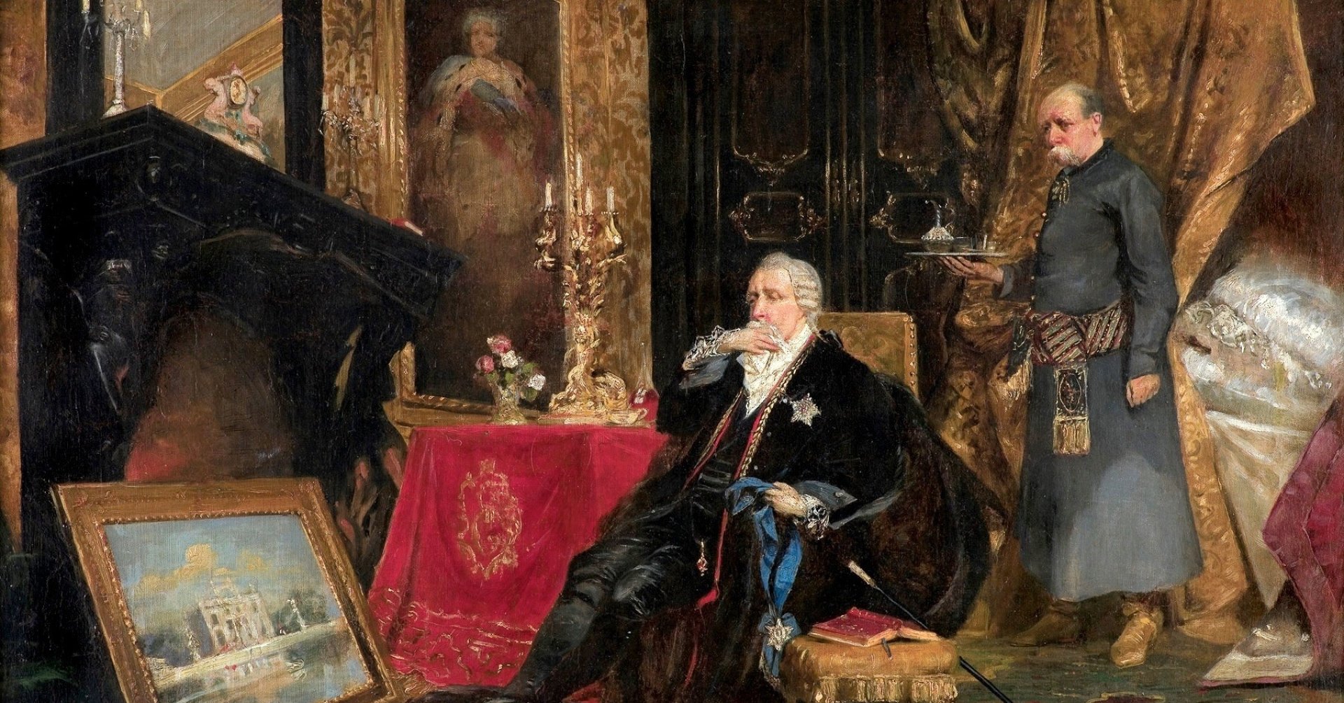 Stary król Stanisław August w czarnych szatach siedzi smutny i zamyślony na fotelu, patrzy na obraz przedstawiający Pałac na Wodzie w Łazienkach.  Za królem stoi stary sługa ubrany po szlachecku.