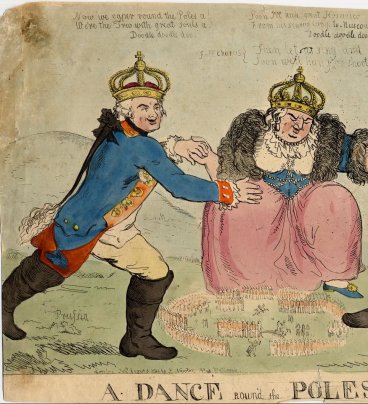 Władcy Rosji, Prus i Austrii trzymają się za ręce i tańczą wokół małych żołnierzyków symbolizujących Wojsko Polskie z czasów insurekcji kościuszkowskiej.