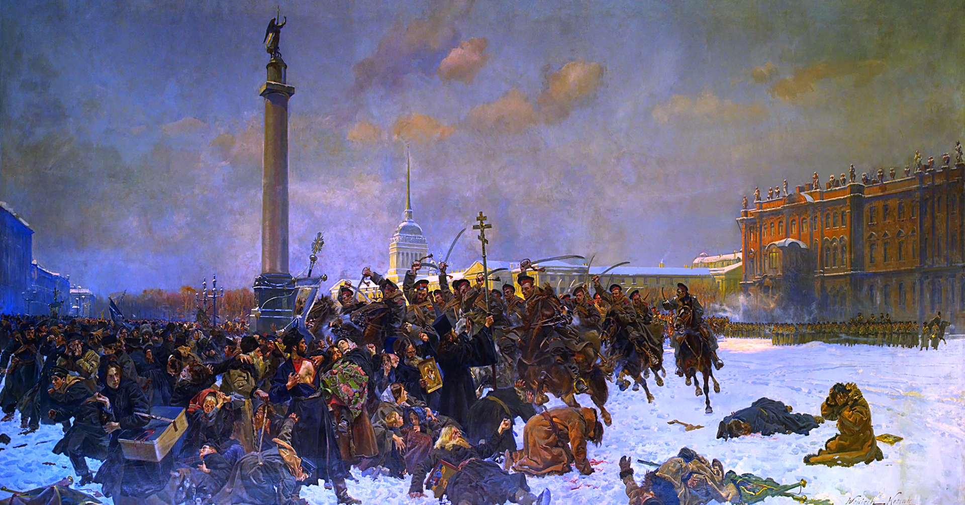 Tłum zgromadzony na zaśnieżonym placu jest pacyfikowany przez kozaków na koniach.  Na śniegu leżą ciała zabitych.