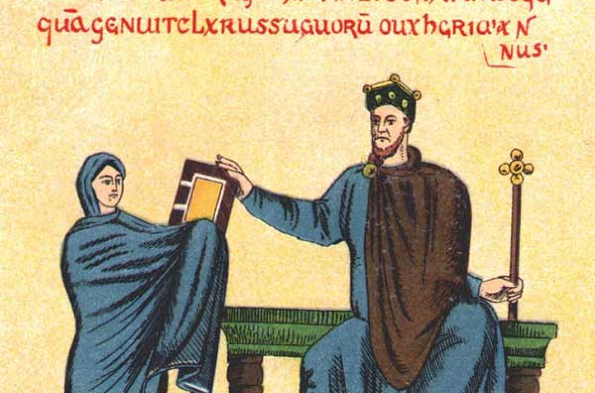 Kobieta zielono-niebieskich szatach z welonem na głowie podaje księgę królowi siedzącemu na podwyższeniu.