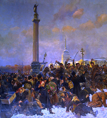 Tłum zgromadzony na zaśnieżonym placu jest pacyfikowany przez kozaków na koniach.  Na śniegu leżą ciała zabitych.