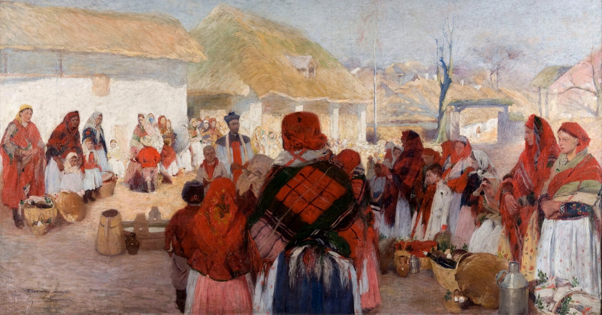 Obraz przedstawia gromadę chłopek w odświętnych strojach i czerwonych chustach. Po środku stoi ksiądz, który  święci przyniesione pokarmy.