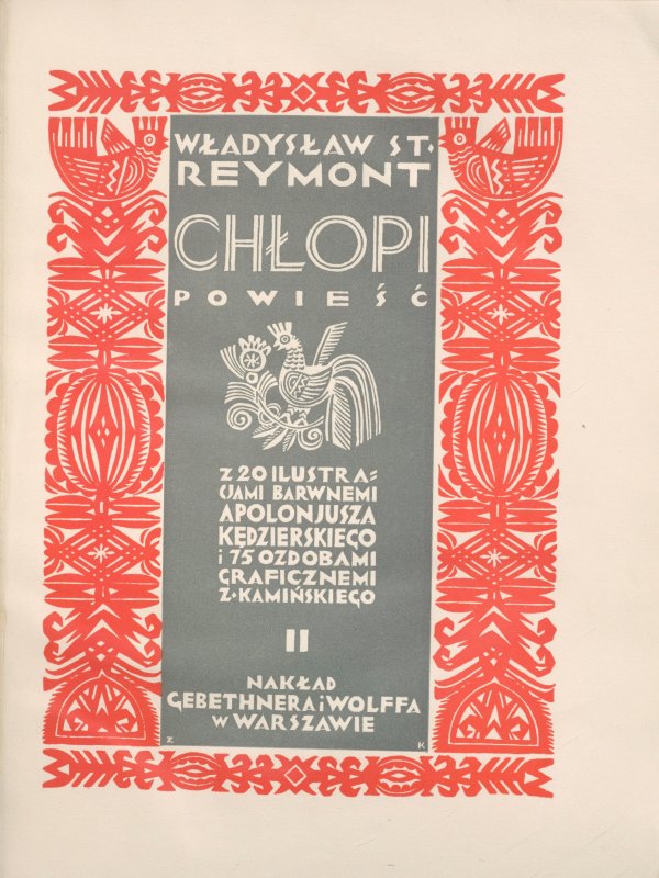 Zdjęcie przedstawia okładkę książki „Chłopi” ozdobioną czerwonymi wzorami wycinanek łowickich.