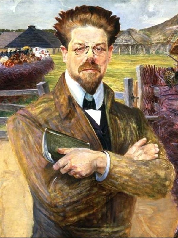 Obraz przedstawia Władysława Reymonta na tle chałup wiejskich i kwitnących kwiatów. Pisarz ma ręce założone na piersi. W prawej dłoni trzyma notatnik.