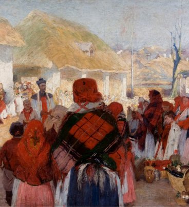 Obraz przedstawia gromadę chłopek w odświętnych strojach i czerwonych chustach. Po środku stoi ksiądz, który  święci przyniesione pokarmy.