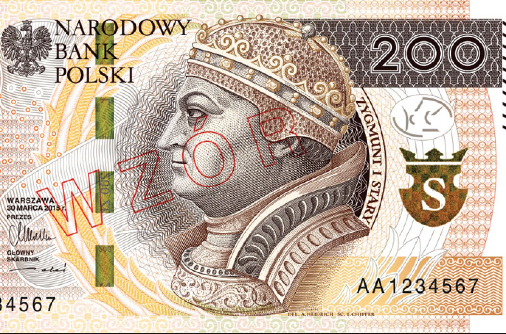 Banknot w odcieniach brązów i żółci z portretem króla w koronie profilem.