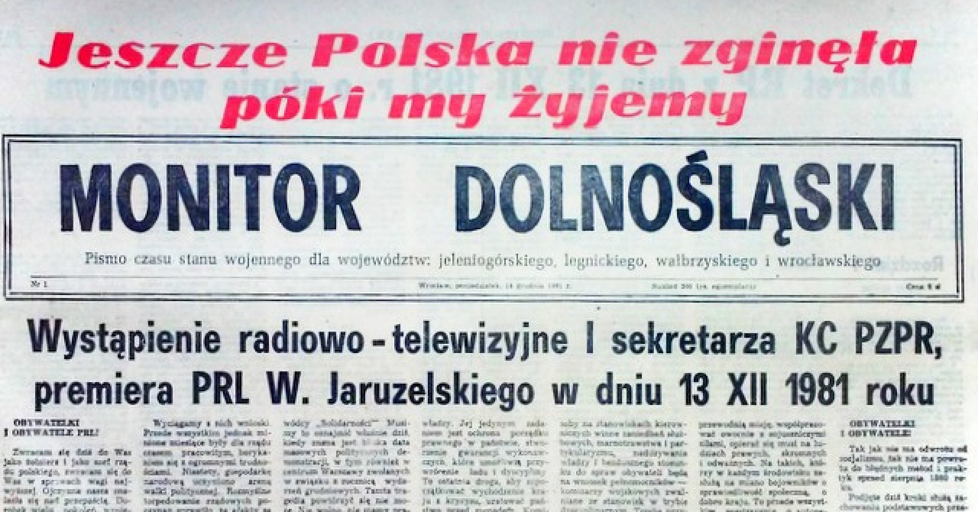 Zdjęcie przedstawia pierwszą stronę gazety z przemówieniem Wojciecha Jaruzelskiego z 13 gdrudnia 1981 r.