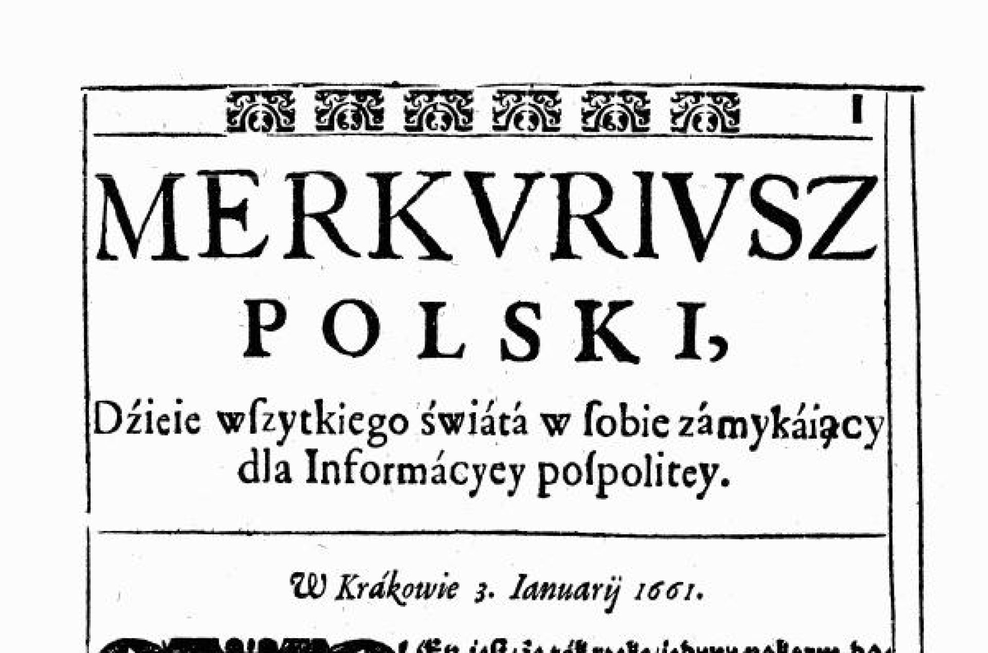 Pierwsza strona gazety z winietą i dużym inicjałem na początku tekstu.