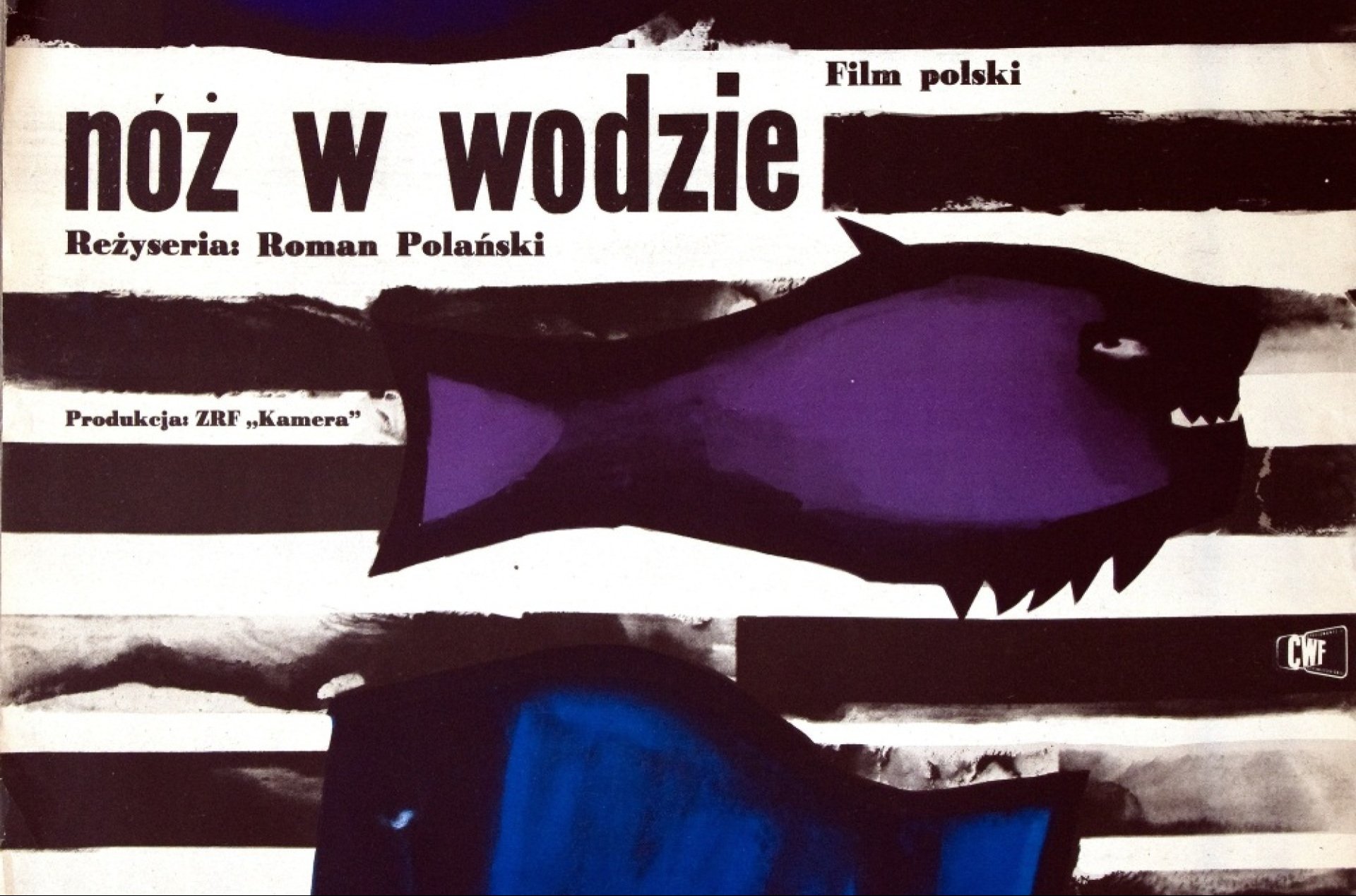 Fragment plakatu w czarno-białe pasy i rybami (fioletową i ciemnoniebieską) płynącymi w przeciwnych kierunkach.