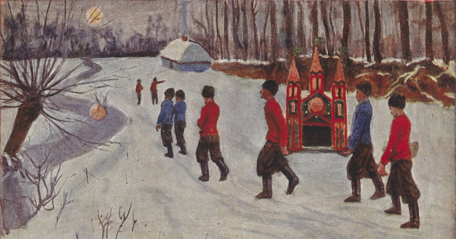 Ilustracja przedstawia grupę mężczyzn niosących kolorową szopkę krakowską zaśnieżoną drogą. W dali widać małą wiejską chatę i las.