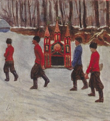 Ilustracja przedstawia grupę mężczyzn niosących kolorową szopkę krakowską zaśnieżoną drogą. W dali widać małą wiejską chatę i las.