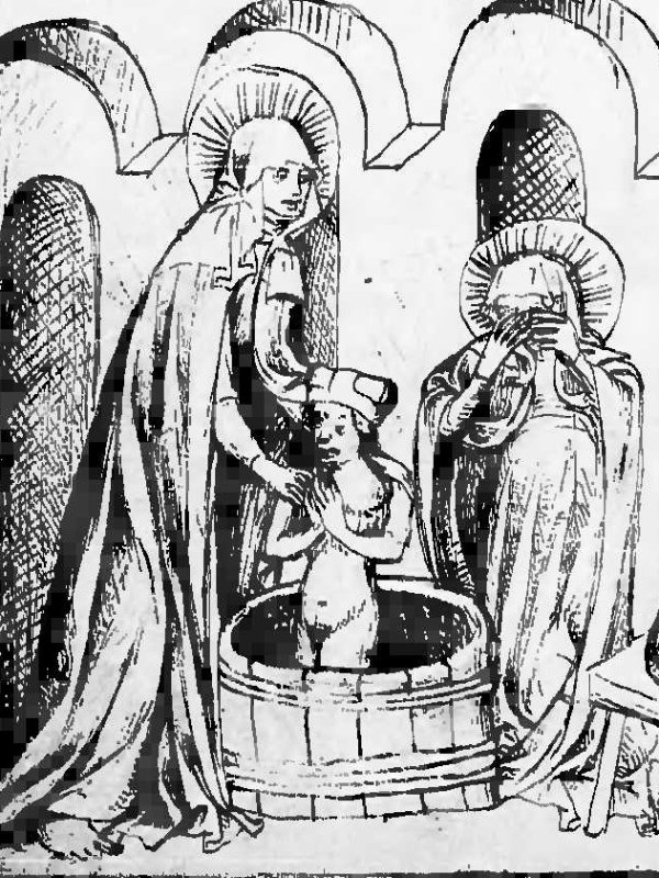 Malutki Bolesław stoi nagi w drewnianej balii, na głowie ma mitrę książęcą. Przy jego lewej stronie stoi św. Jadwiga w długich szatach, z aureolą wokół głowy, i myje chłopca. Po prawej stronie stoi matka księcia i zasłania oczy rękami.