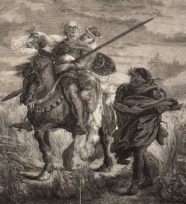 Na koniu siedzi książę Bolesław i obejmująca go w pół młoda kobieta. Książę jest w kolczudze, w ręce trzyma długą włócznię. Obok jeźdźców kroczy mężczyzna grający na lutni.  