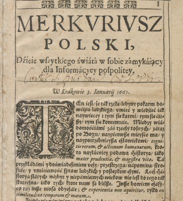 Pierwsza strona gazety z XVII wieku. Zwracają uwagę pożółkły papier i ozdobna czcionka.