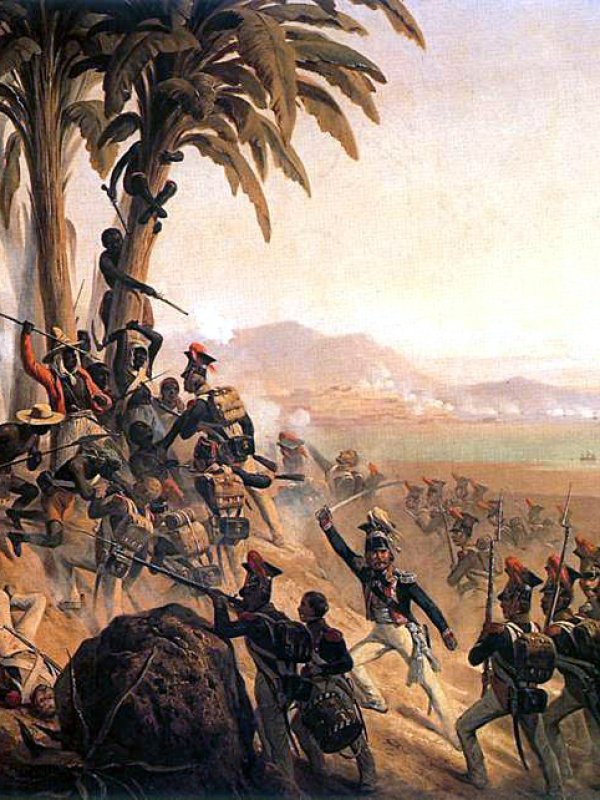 Scena bitwy między polskimi legionistami a czarnoskórymi mieszkańcami San Domingo na wzgórzu porośniętym palmami.