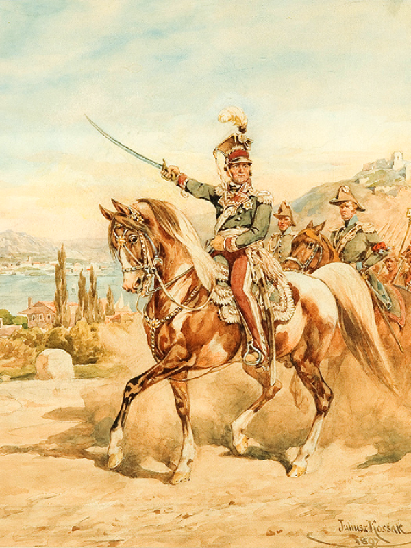 Generał Dąbrowski na koniu, z uniesioną wysoko szablą w prawej ręce. Za nim kilku jeźdźców. W tle widać włoski krajobraz - jezioro, cyprysy, wzgórza.