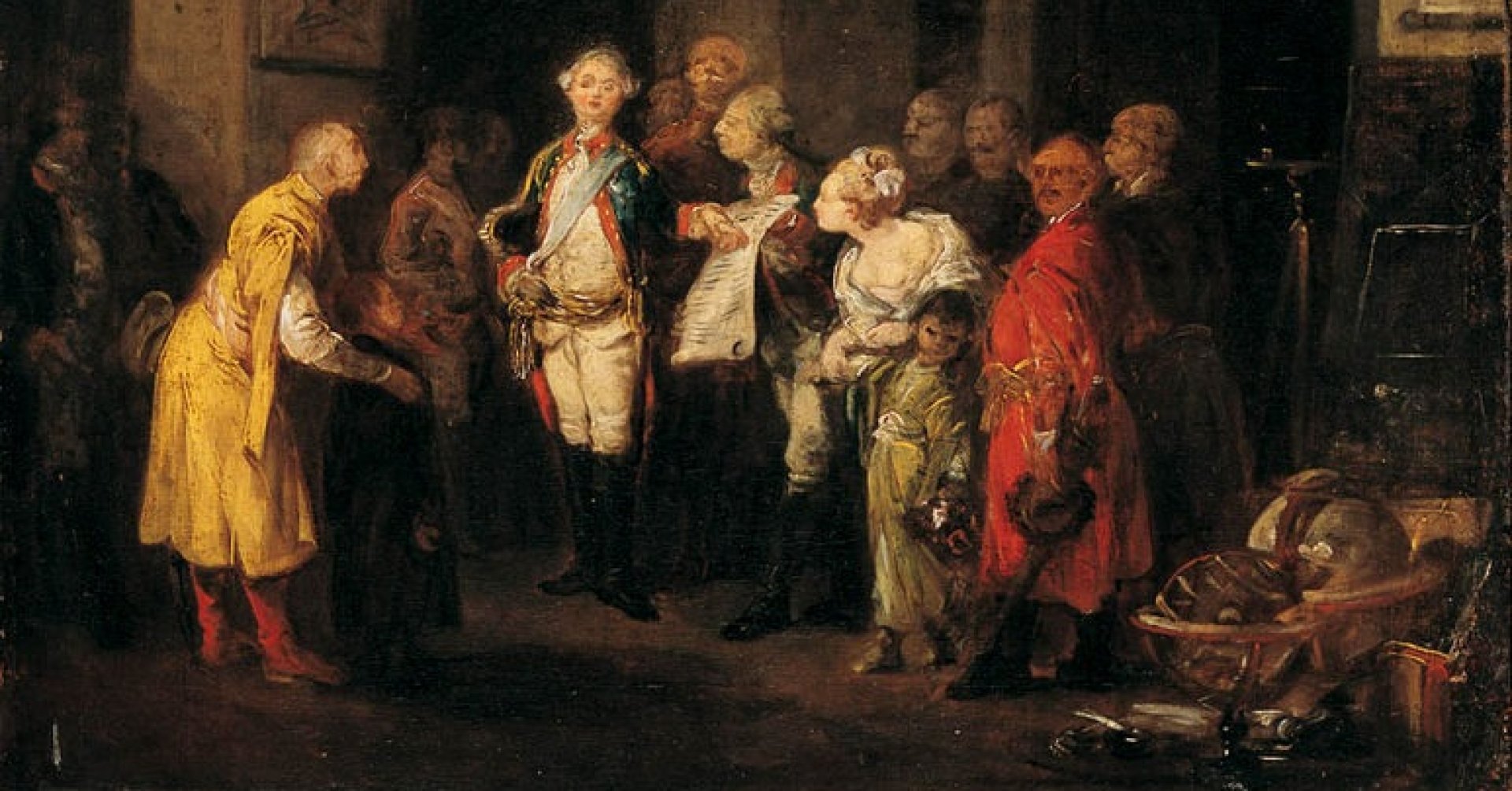 Król Stanisław August w mundurze i peruce wskazuje ręką na dokument trzymany przez urzędnika. Wokół stoi grupka szlachciców w kontuszach, dama i chłopiec.