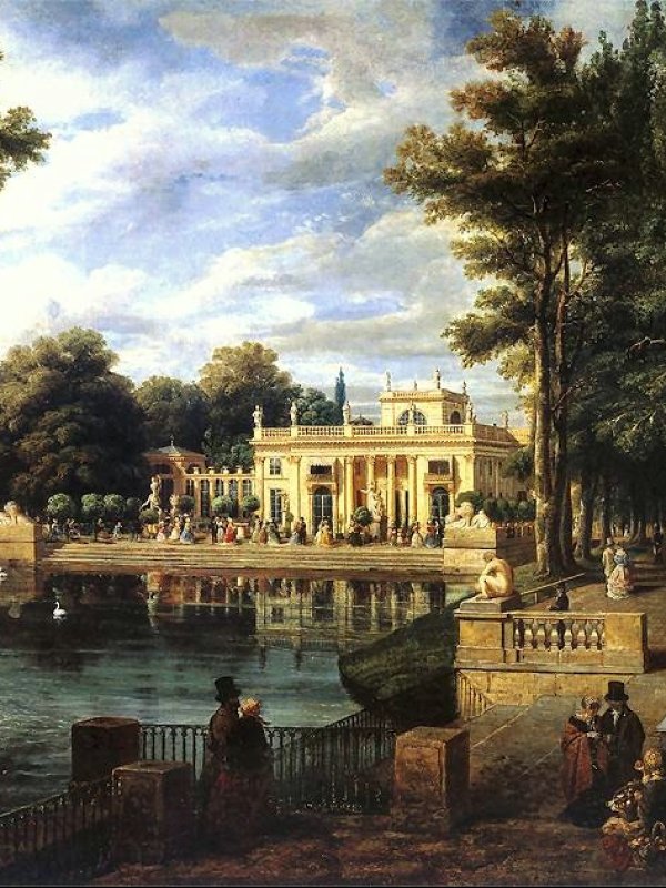 Pałac wśród wysokich drzew, nad stawem. Na pierwszym planie widać spacerującą parę. W tle - błękitne niebo.