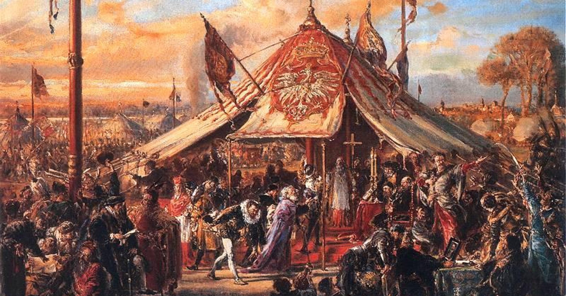 Obraz przedstawia tłum szlachty i możnych zgromadzony wokół namiotu z godłem Rzeczypospolitej.  Przed namiotem kłaniająca się postać Henryka Walezego.