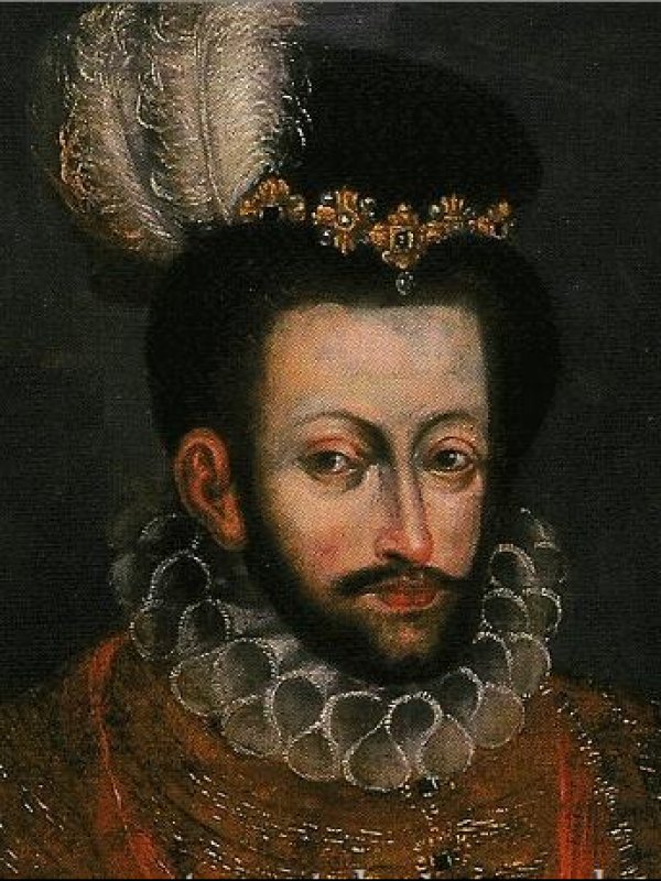 Henryk Walezy ma pociągłą, śniadą twarz, długi, haczykowaty nos, czarne oczy, czarną brodę i wąsy.  Nakrycie głowy ozdobione złotą biżuterią i białymi piórami. 