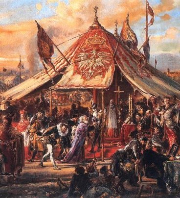 Obraz przedstawia tłum szlachty i możnych zgromadzony wokół namiotu z godłem Rzeczypospolitej.  Przed namiotem kłaniająca się postać Henryka Walezego.