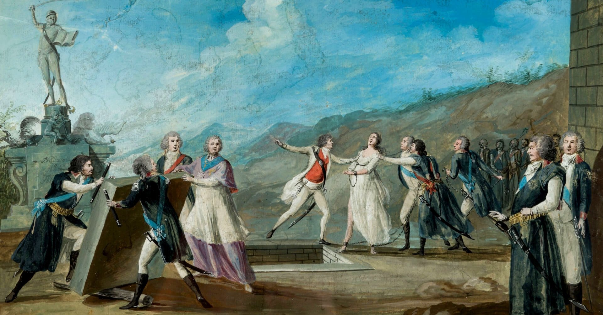 Dwóch mężczyzn - są to prawdobnie alegorie zaborców - wpycha do grobu młodą, skutą łańcuchami kobietę w białej sukni. W jej obronie staje Tadeusz Kościuszko.