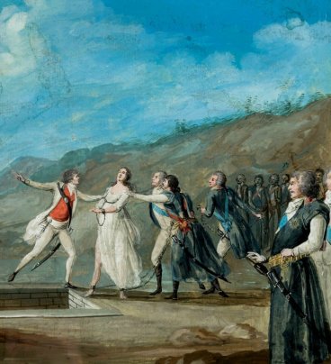 Dwóch mężczyzn - są to prawdobnie alegorie zaborców - wpycha do grobu młodą, skutą łańcuchami kobietę w białej sukni. W jej obronie staje Tadeusz Kościuszko.