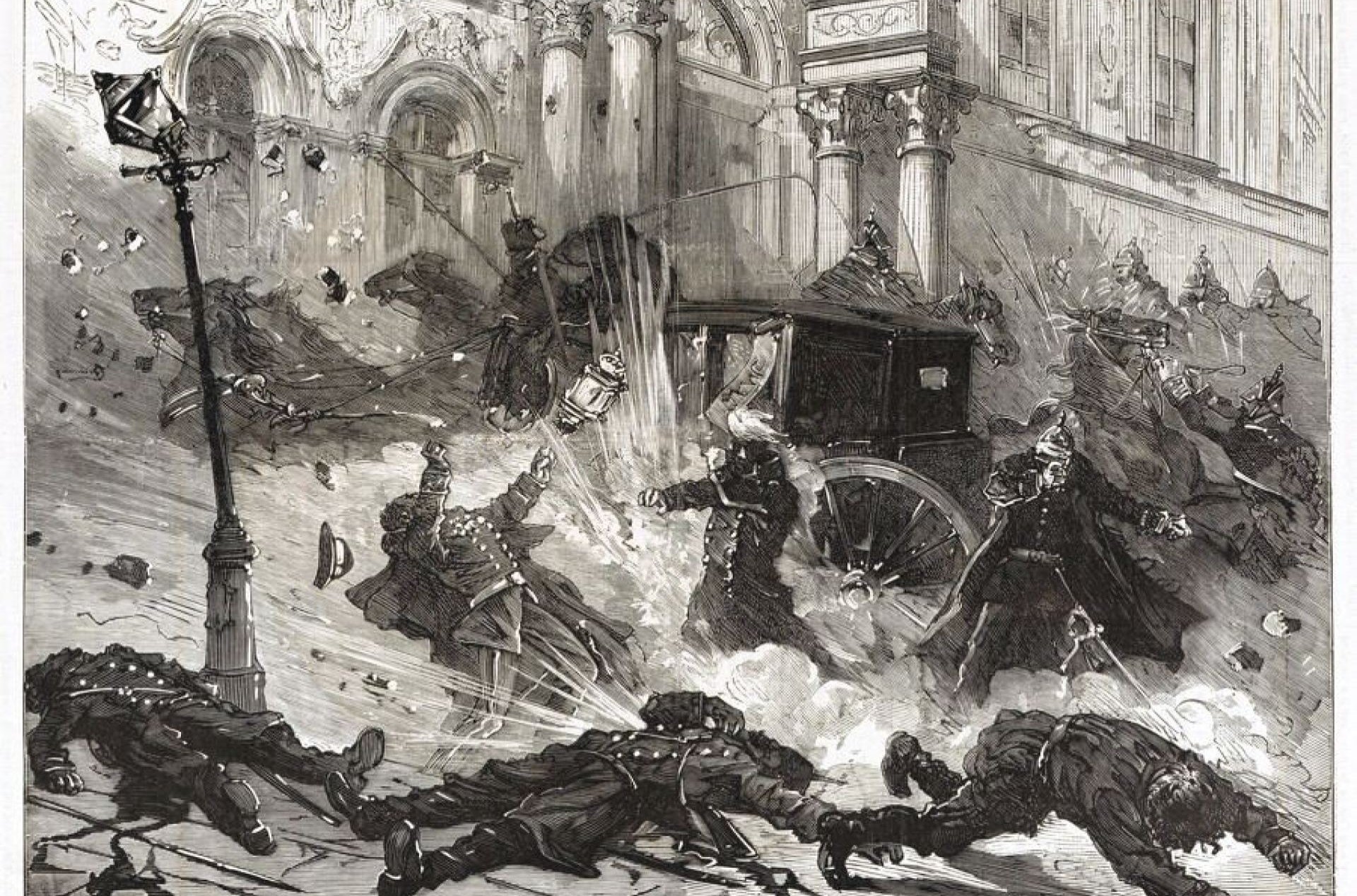 Czarno-biała ilustracja przedstawiająca moment wybuchu i ludzkie sylwetki porozrzucane wokół powozu.