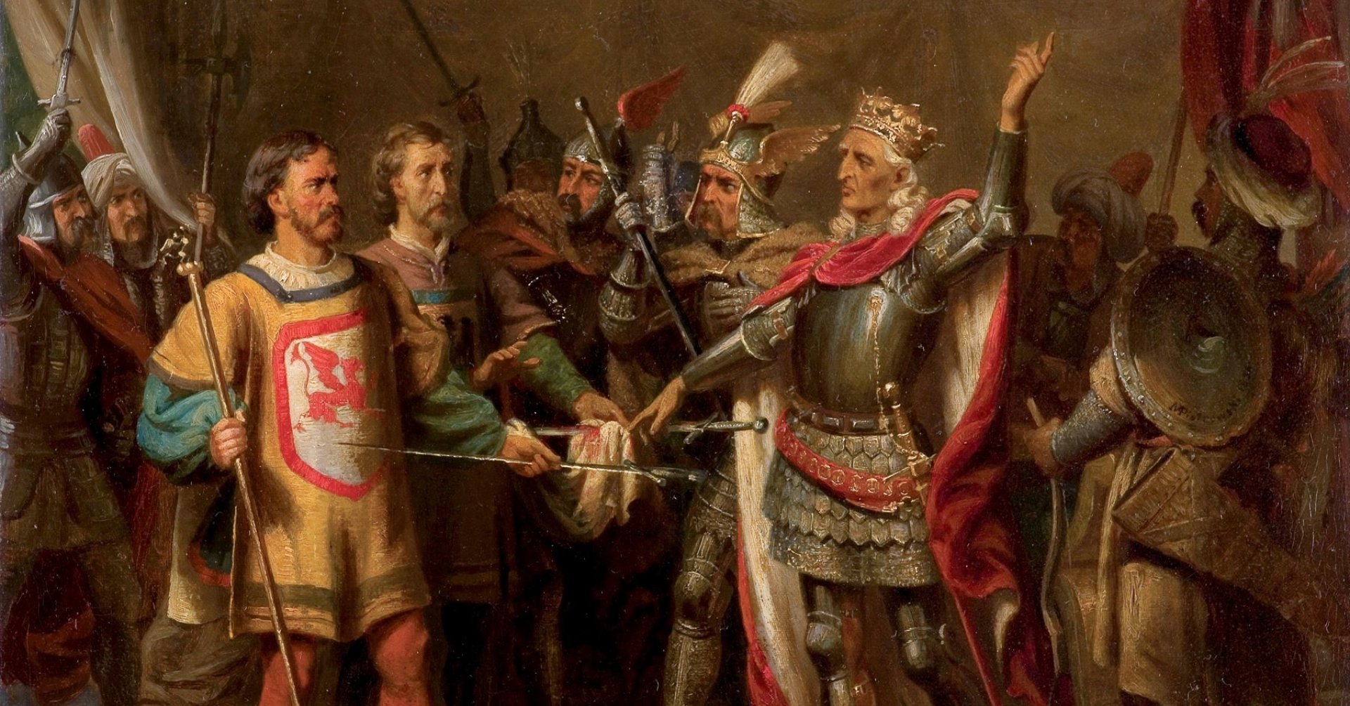 Obraz przedstawia scenę przekazania królowi Jagielle dwóch nagich mieczy przez posłańców Zakonu. 