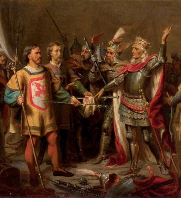 Obraz przedstawia scenę przekazania królowi Jagielle dwóch nagich mieczy przez posłańców Zakonu. 