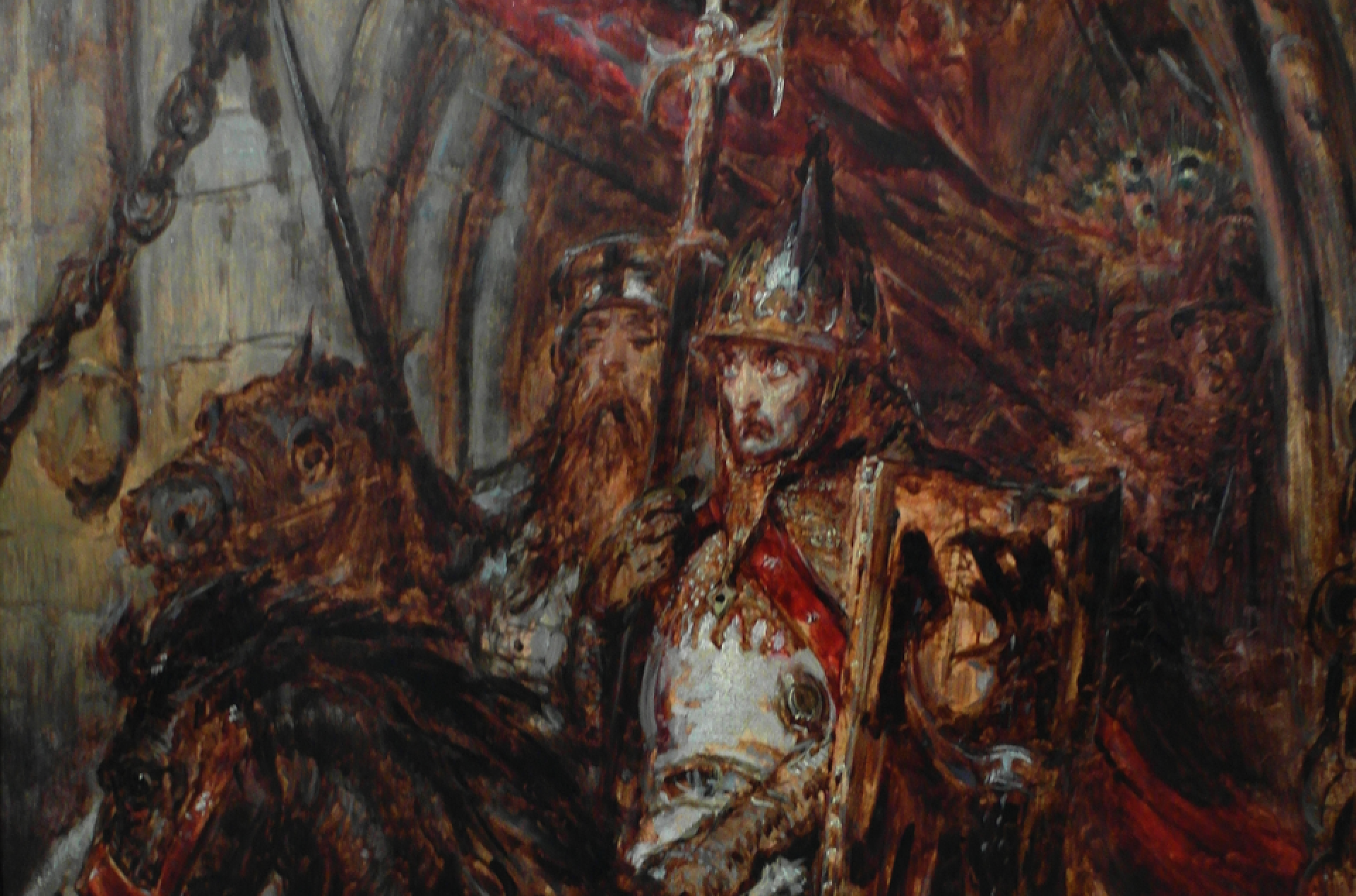 Kolorowy szkic obrazu przedstawiający dwóch rycerzy na koniach.