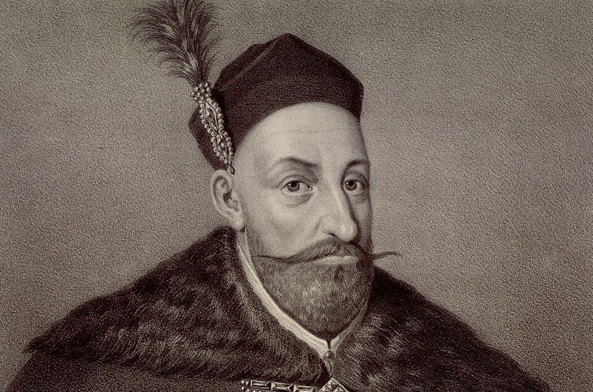 Mężczyzna w stroju szlacheckim z buławą w ręku.