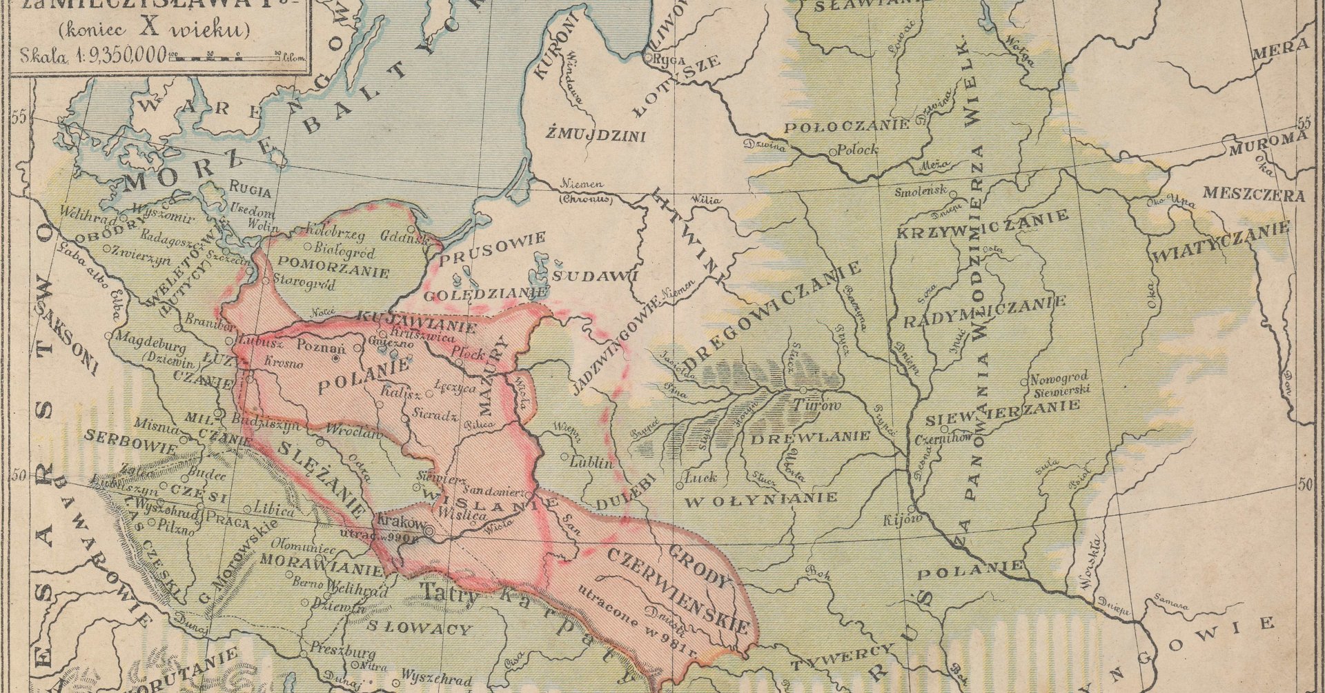 Zdjęcie przedstawia mapę z zaznaczonym na czerwono państwem Polan i Grodami Czerwieńskimi.