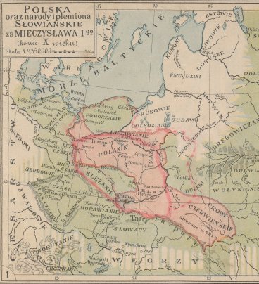 Zdjęcie przedstawia mapę z zaznaczonym na czerwono państwem Polan i Grodami Czerwieńskimi.