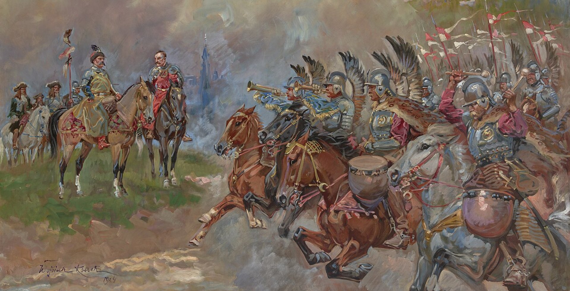 Obraz olejny autorstwa Wojciecha Kossaka z 1924 roku przedstawia dynamiczną scenę historyczną z udziałem polskiej husarii.