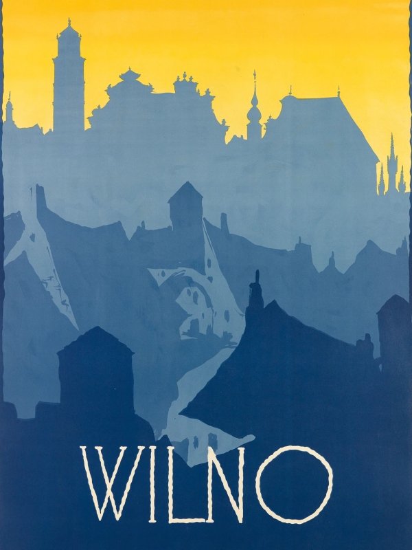 Plakat przedstawia niebieskie sylwetki wileńskich budowli - kościołów, kamienic, wież - na tle żółtego nieba.