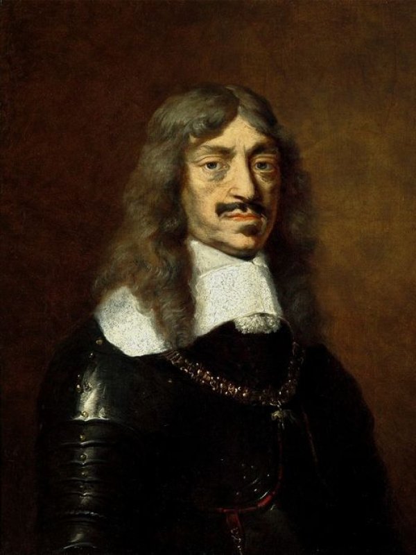 Jan Kazimierz ma duże smutne oczy, zamyśloną twarz, czarne wąsiki i długie, ciemne, pofalowane włosy. Wokół szyi - duży, biały, koronkowy kołnierz.