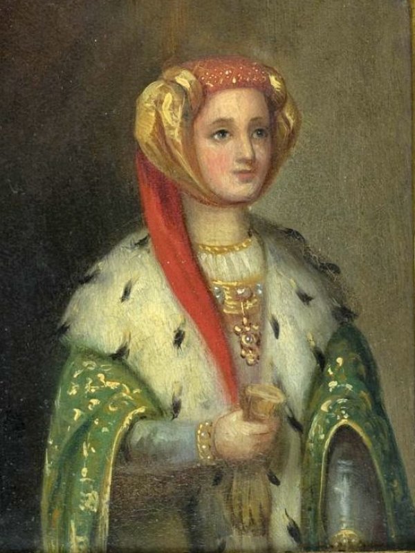 Portret przedstawia młodą Helenę w płaszczu sobolowym, w czerwono-złotym nakryciu głowy.