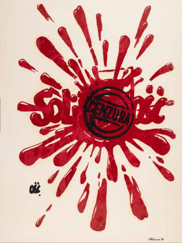Polski plakat Solidarności z 1981 roku autorstwa Lecha Dziewulskiego. Czerwona plama i rozprysk tuszu zakrywają napis „Solidarność”. Na środku widnieje czarna, okrągła pieczęć z napisem „CENZURA”. Projekt na jasnym tle w stylu retro.