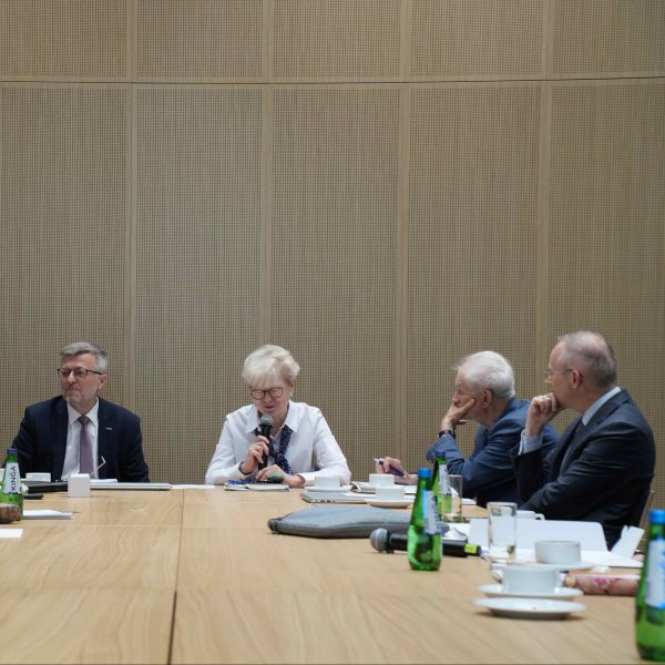 Zdjęcie przedstawia spotkanie kilku osób siedzących przy dużym, drewnianym stole konferencyjnym. W centrum starsza kobieta mówi do mikrofonu. Na stole stoją zielone butelki z wodą i filiżanki. Tło tworzy jasna ściana z pionowych paneli.